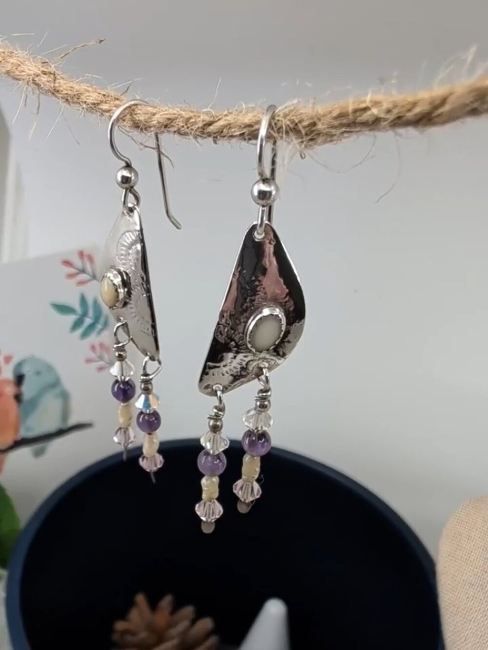 Vintage Hand Hammered Sterling Silver Amethyst Pearl Dangle Earrings - Picture 17 of 17